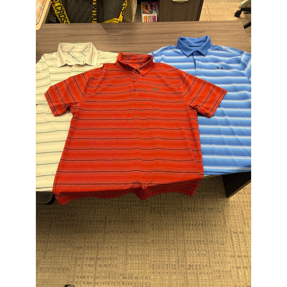 3 Under Armour HeatGear Polo Shirts Large Loose Fit Striped Golf